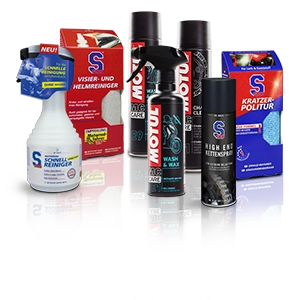 Prodotti per la cura delle moto come detergenti per visiere, lucidanti, spray per catene e detergenti con cera.